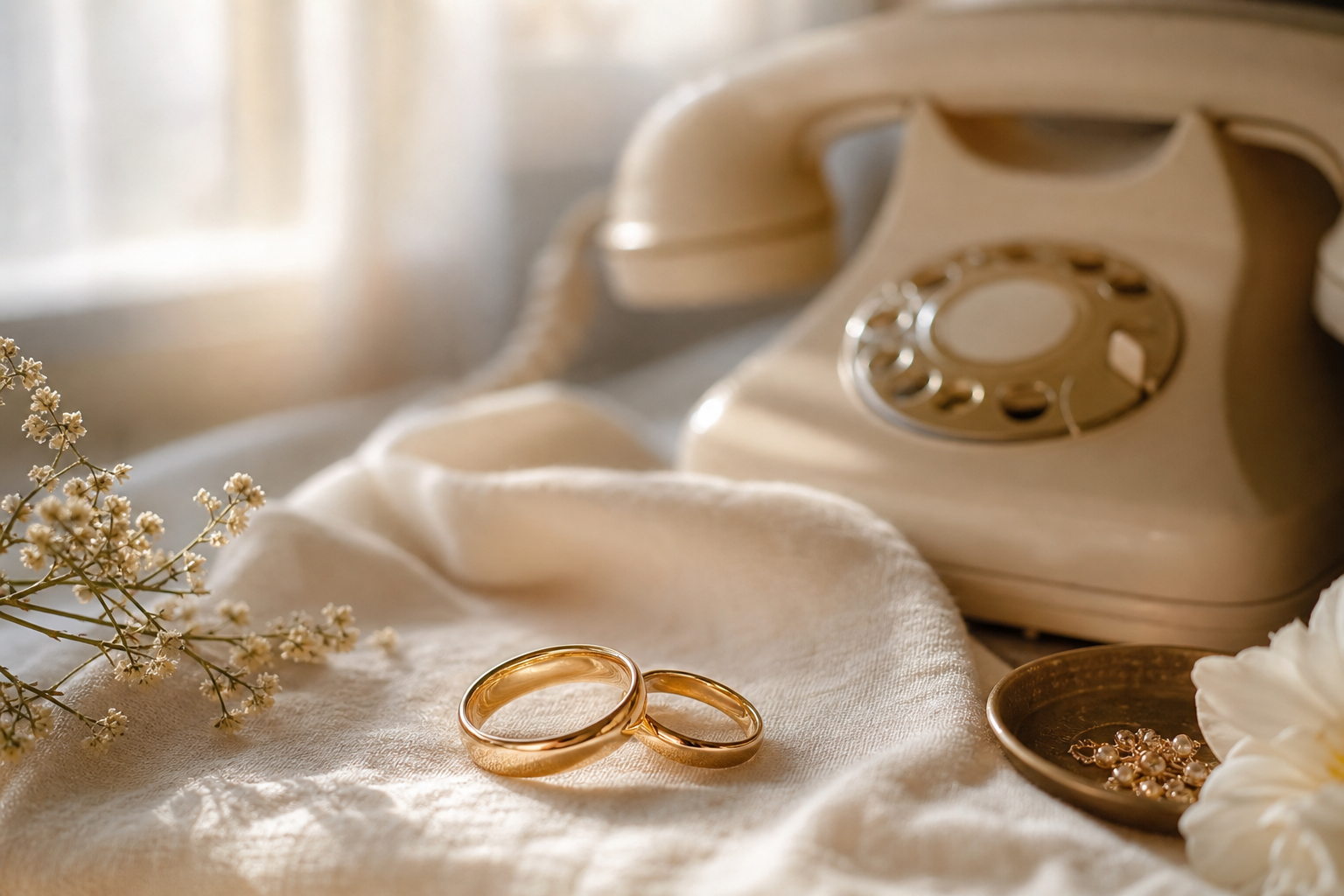 Alianças e telefone sugerindo contato com o casal