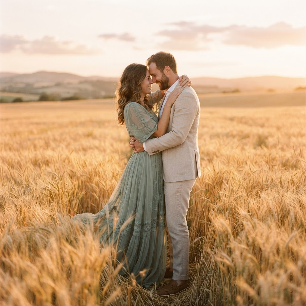 Casal em campo dourado ao pôr do sol