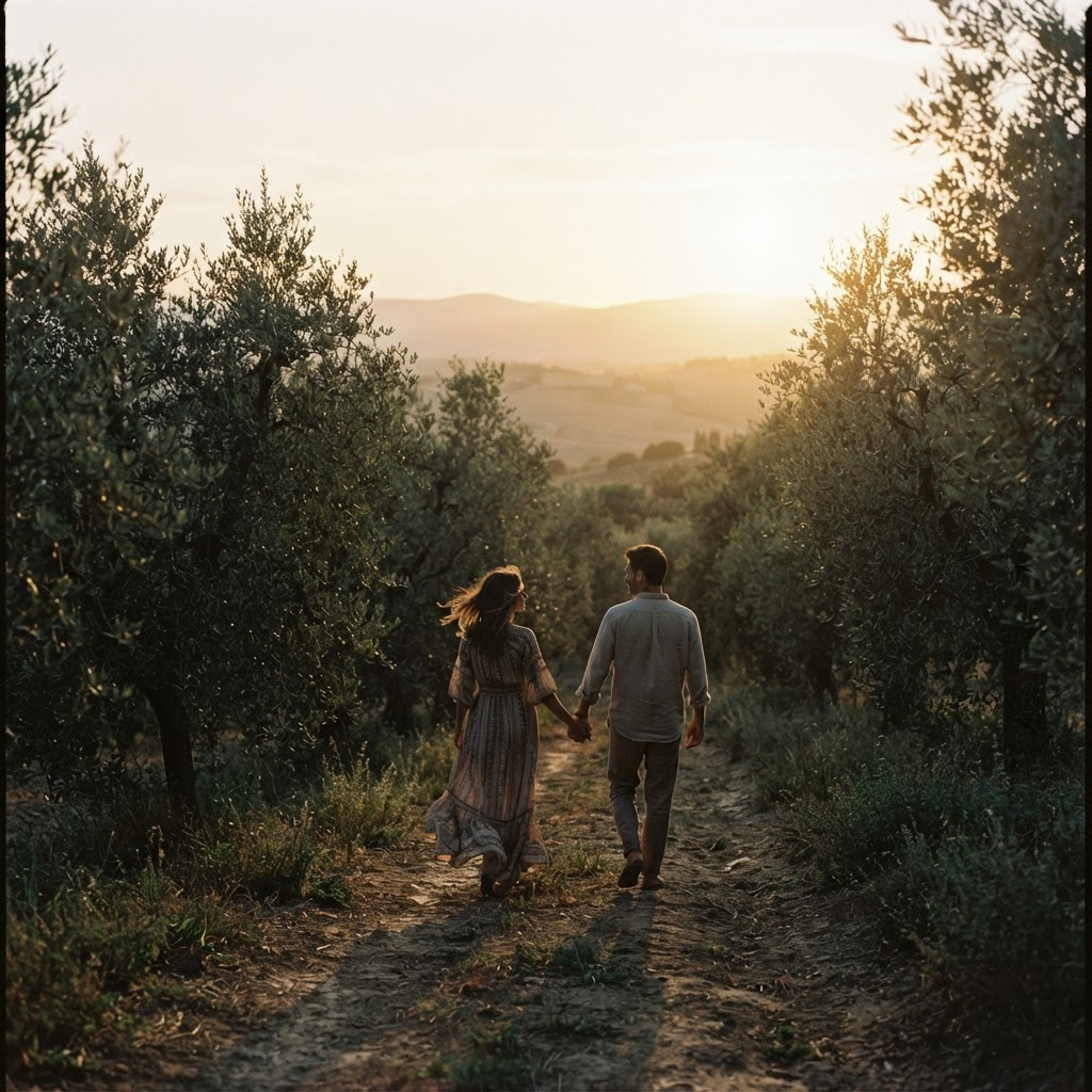 Casal em bosque de oliveiras