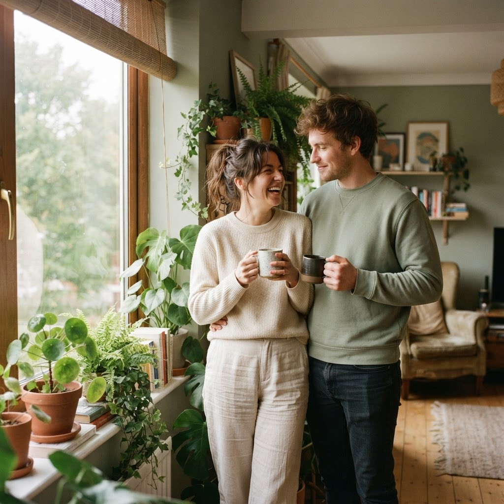 Casal em casa com café